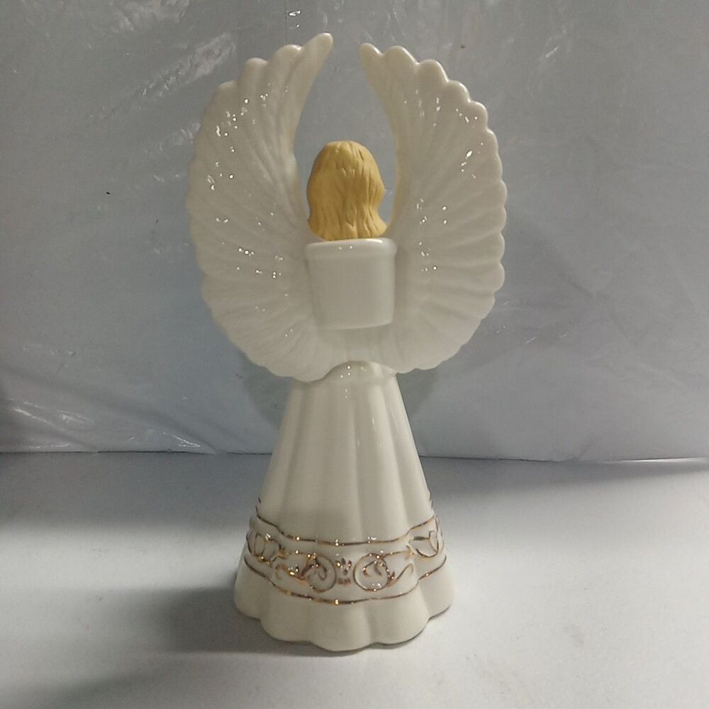 Christmas Angel Candle Holder Porcelain 10” Playing Harp White W Gold Tone Trim - Picture 2 of 2
